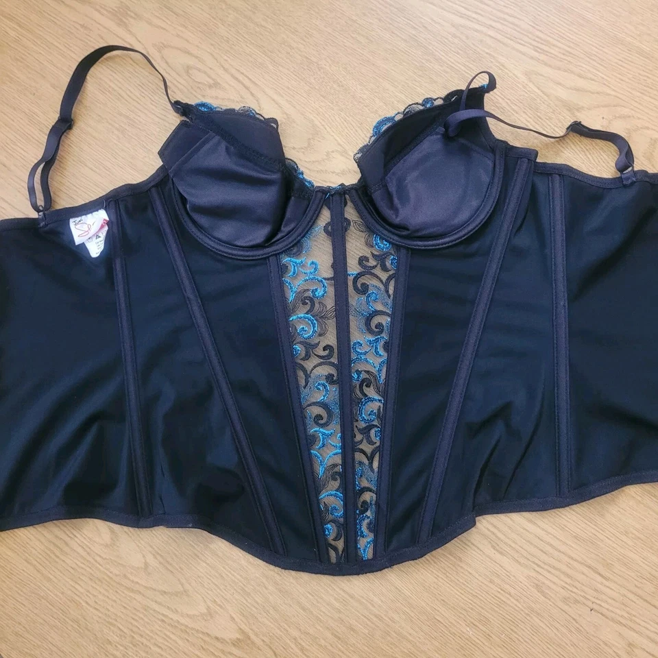 Vintage Just Shirley Lingerie Top Blue Black Lace Corset Bustier Size 36 Goth - Image 4 of 4