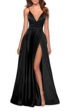 La Femme Black Sleeveless V-Neck High Leg Slit A-Line Gown Size 0 408