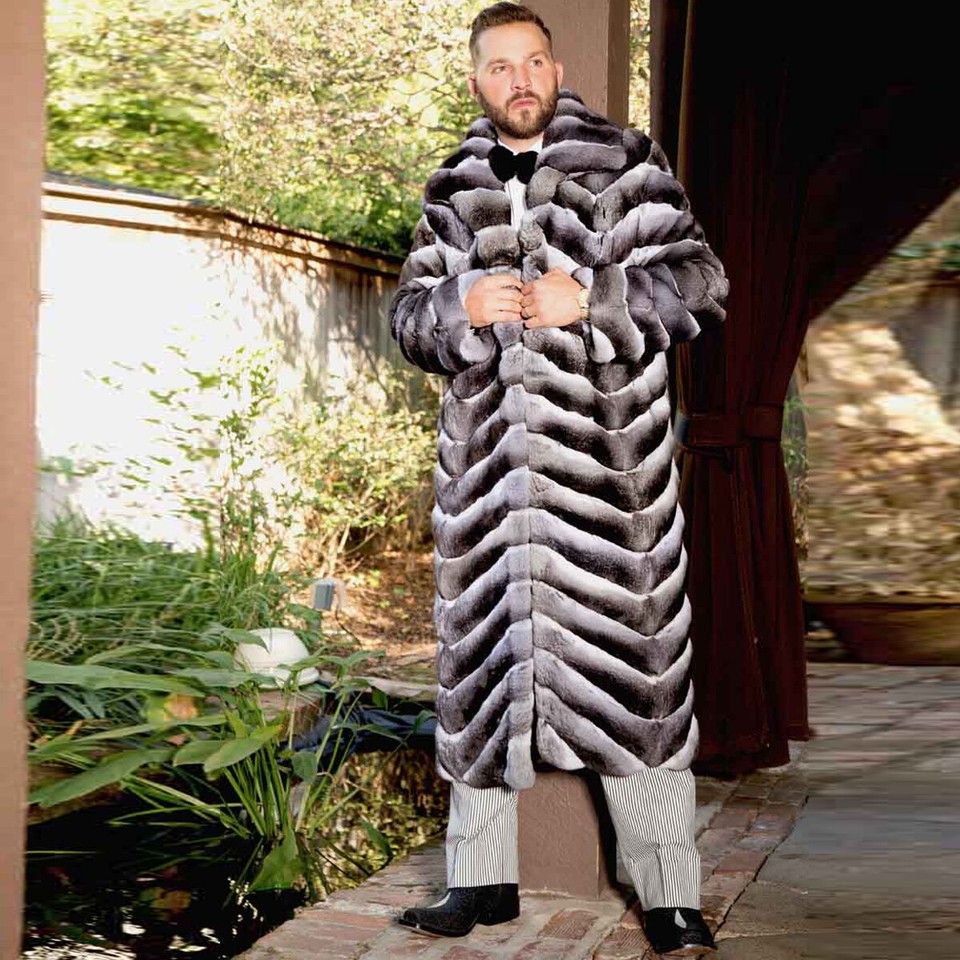 Mens full length rex rabbit fur coat dyed in chinchilla pattern