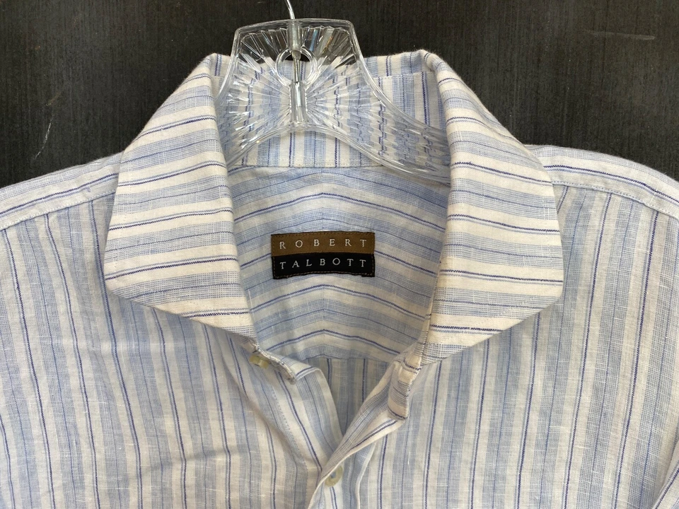 Robert Talbott Linen Shirt Mens Large Blue Stripe Button Front Spread Collar - Image 4 of 4