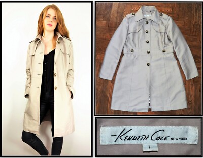 KENNETH COLE New York Damen Beige Knielang Trenchcoat Jacke Größe Large