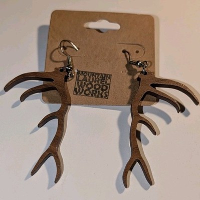 Mountain Laurel Wood Works Laser Cut Wood Antler Earrings Statement Rustic Boho