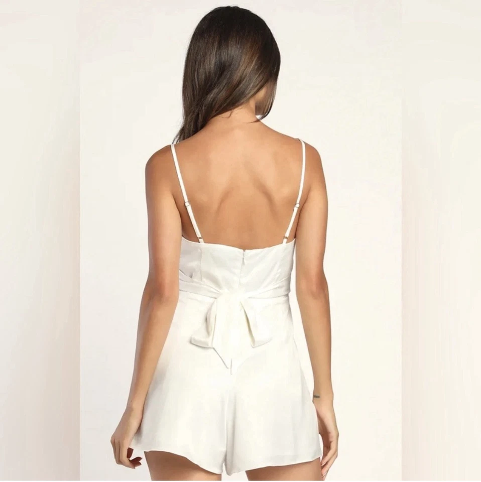 Lulus Chasing My Heart Ivory SatinCowl Neck Romper - Image 2 of 4