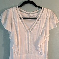 EXPRESS White Tiered Ruffle Cap Sleeve Embroider Detailed Lined Slip-On Dress SP