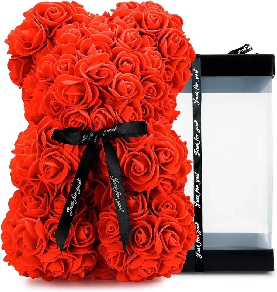 AL HAQQ Rose Bear with Transparent Gift Box & Black Ribbon Rose Petals Teddy Bear