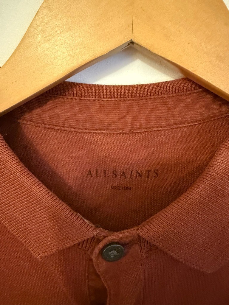 All Saints Reform Long Sleeve Polo Shirt Mens Size Medium Rust Brown image 3