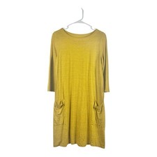 Eileen Fisher 100 Linen Stripe Mustard Yellow Pocket Dress Size XS or