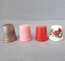 4 Sewing THIMBLE Metal Plastic Ceramic with Cardinal Bird Vintage 