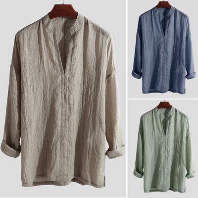 Stecker Top Sommerhemd Baumwolle Leinen Top Solid Retro Stylisches Hemd Baggy