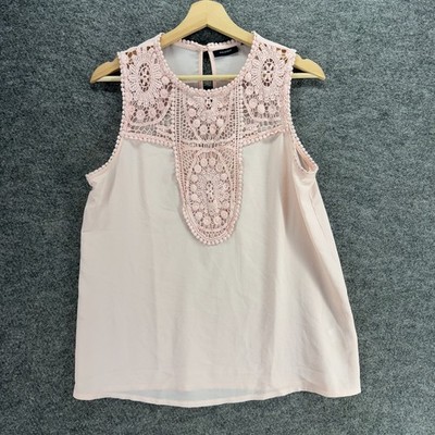 Halogen Blouse Women S Pink Geometric Crochet Sleeveless Wide Strap Top