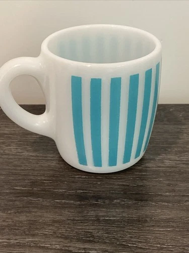 MCM Vintage HAZEL ATLAS Turquoise Candy Stripe Milk Glass Mug ~ FREE SHIP