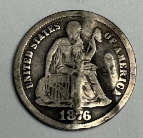 1876-CC Seated Liberty Silver Dime (damaged), U.S. 10c Coin
