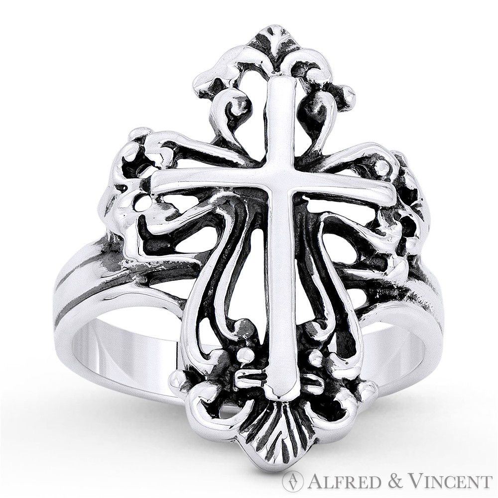 St. Thomas & Latin Cross Wide Ring 925 Sterling Silver Medieval