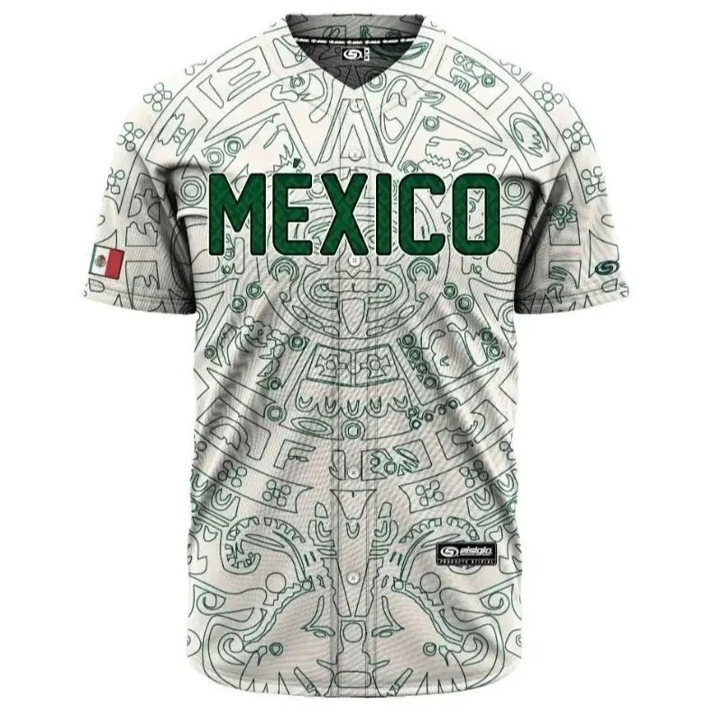 (BEIGE/GREEN) Aztec México Baseball Jersey, Mexico Jersey for Men Women Youth An