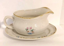 Vtg International China Gravy Boat & Underplate Country Farmhouse Geese Flowers 