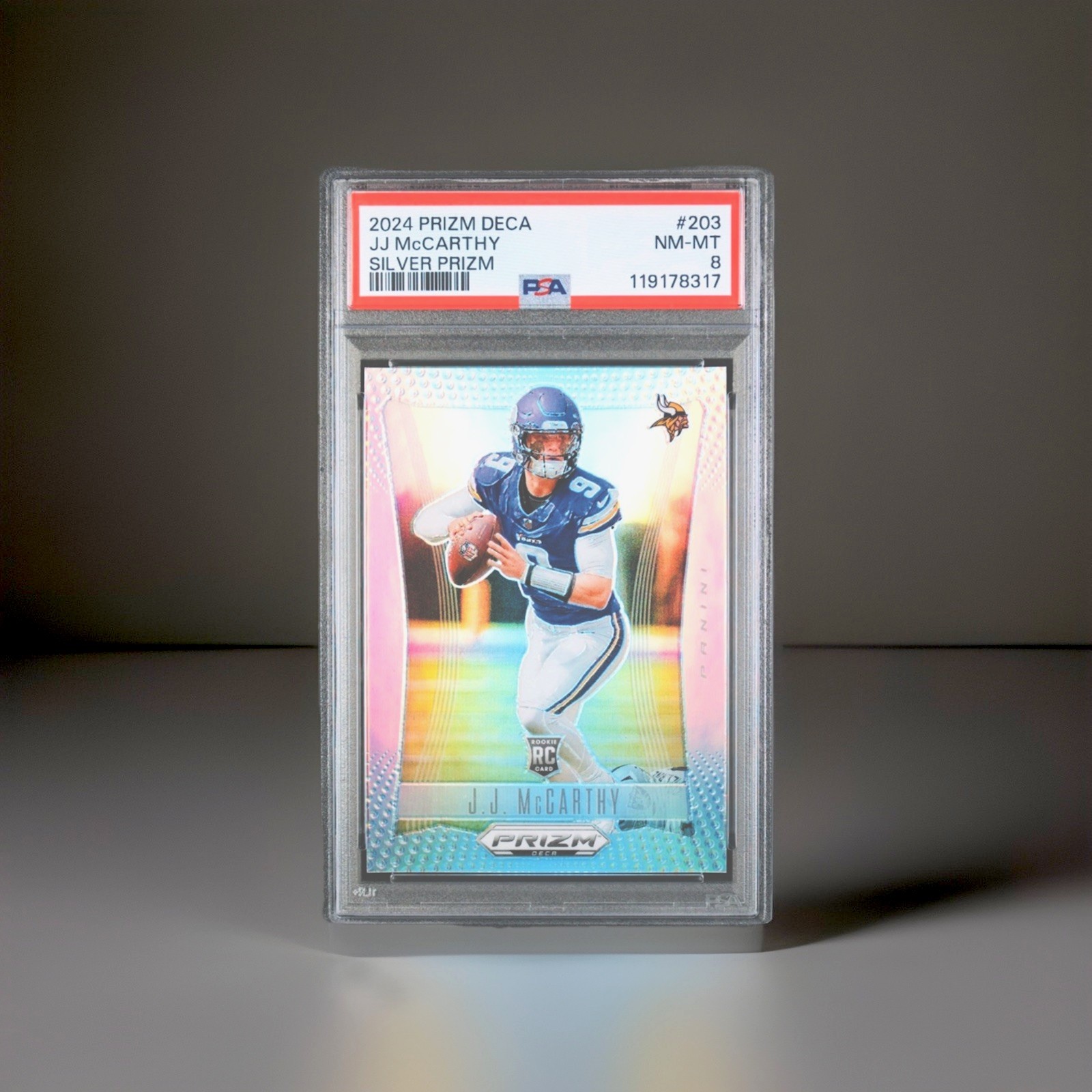 2024 Panini Prizm Deca J.J. MCCARTHY ROOKIE SILVER PRIZM RC #203 Vikings PSA 8