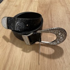 Chico's Tooled Black Leather Rhinestone Belt Monaco Trouser Medium