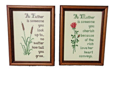 Vintage Completed Cross Stitch Framed Poems MOTHER FATHER Set
