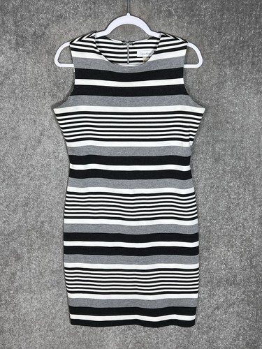 Calvin Klein Dress Women Sz 8 Striped Sleeveless Black Gray White Career Office