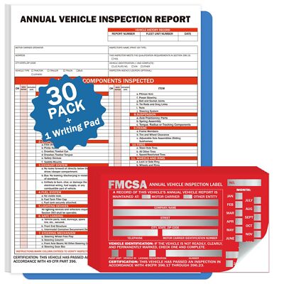 30Pack DOT Annual Vehicle Inspection Forms and Stickers,30-Pk 3-Ply Vehicle Insp