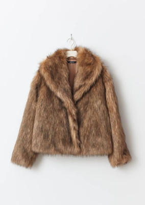 Luxury Brown Women's Fluffy Faux Fur Warm Short Coat Chic Lapel Collar L sleeves