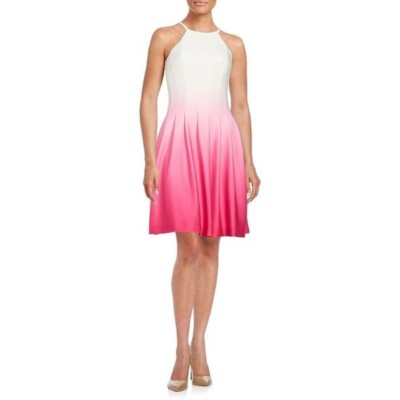 calvin klein pink ombre dress Calvin Klein Womens 4 Fit Flare Pink White DipDye Zip Ombre Pleated Pocket  Dress