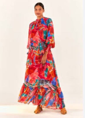farm rio animal collage maxi dress Farm Rio Animal Collage Maxi Dress M Red Long Sleeves Tiered Beaded Tassels  BNWT