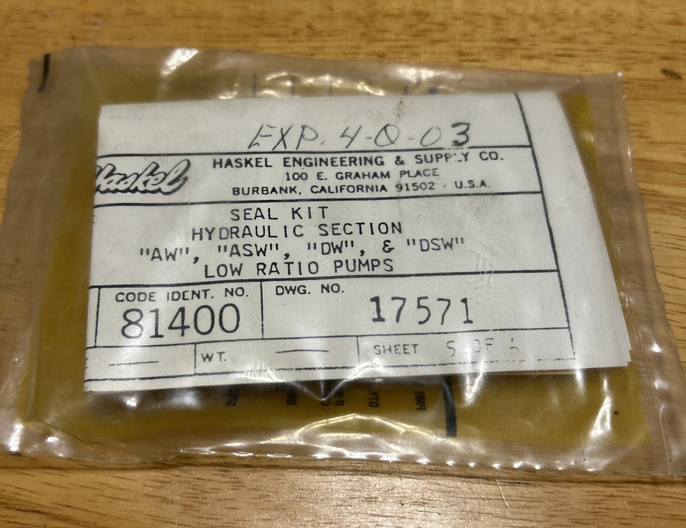 NIB HASKEL 17571-32 HYDRAULIC SEAL KIT AW, ASW, DW, DSW LOW RATIO PUMPS ...