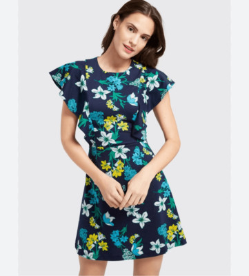 Draper James Elliston Floral Print Knit Ruffle Dress - Nassau Navy Pima cotton S