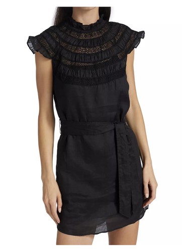 NWT FRAME Black Lace Inset High Mock Neck Cap Sleeve Ramie Mini Dress Women's M - 第 2/10 張圖片