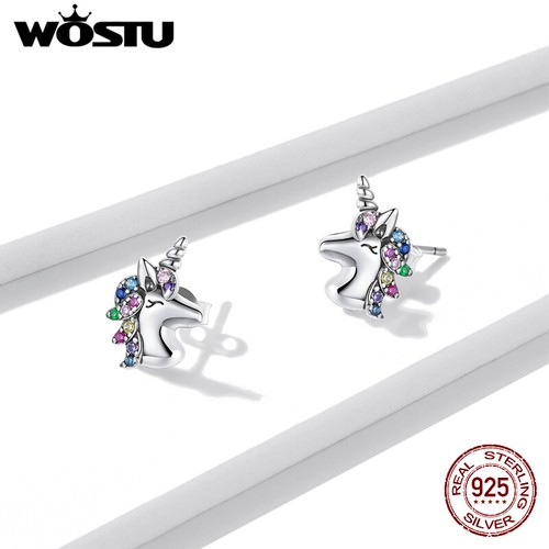 Wostu Authentic 925 Sterling Silver horned horse Stud Earrings For Women Girls - Picture 5 of 12