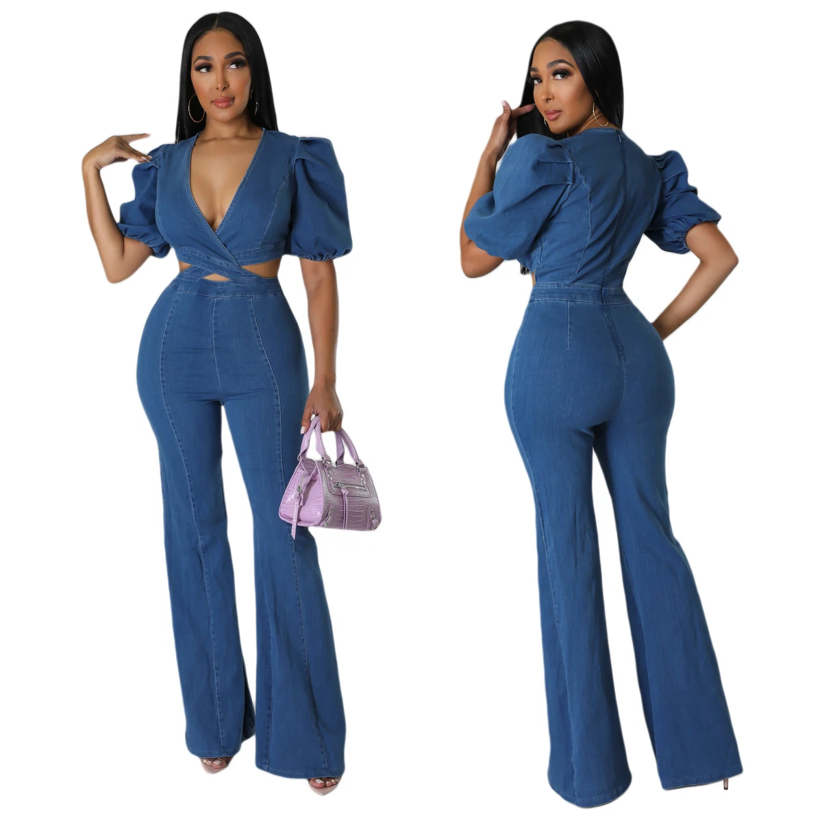 Puff sleeve sale denim jumpsuit