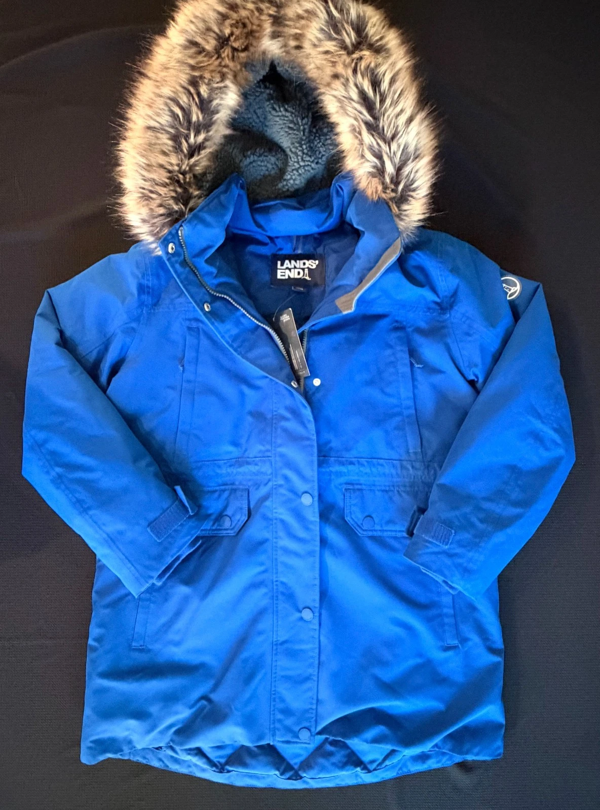 Lands’ End Women’s Expedition Down Waterproof Winter Parka M Blue Faux Fur Hood image 1
