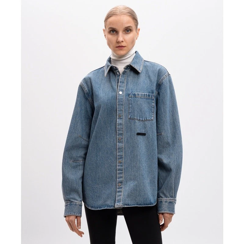 Helmut Lang Cotton Denim Logo Long Sleeve Collared Shirt Blue Women's Size L - Image 2 of 4