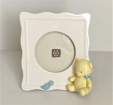 Baby Picture Frame Teddy Bear & Bird  La Dee Da Ceramic Small by Michel & Co Vtg