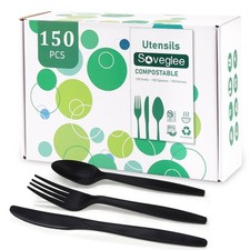 Black No Plastic Silverware, Disposable Compostable Utensils 50 Forks 50 Spoo...