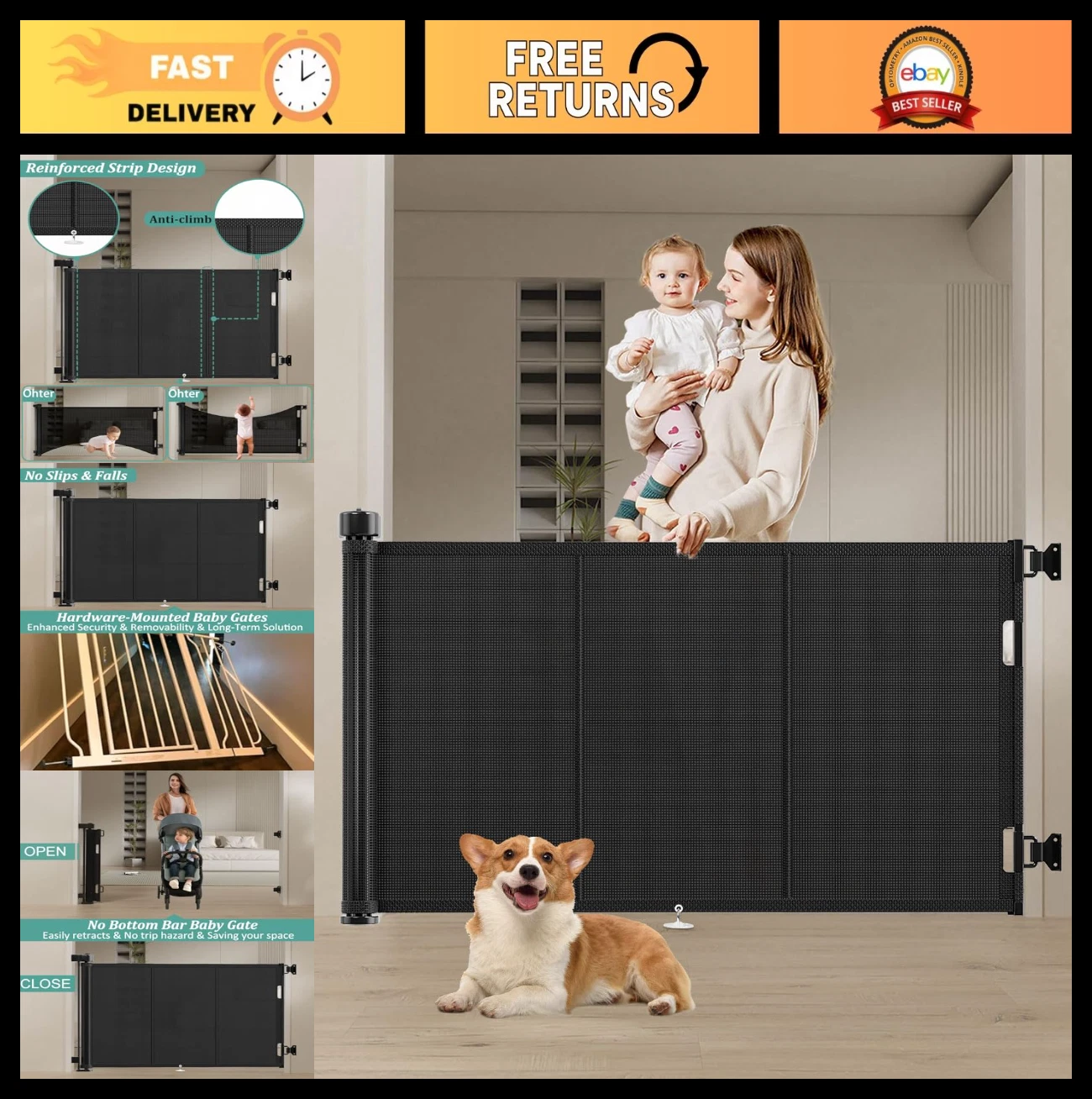 71" Retractable Baby Gate 34" Tall, Dog Gate for Stairs & Doorways, Indoor/Outdo