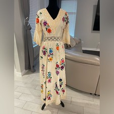 1970s vtg Mexican Wedding Floral Crochet embroidered Prairie midi Maxi Dress XS