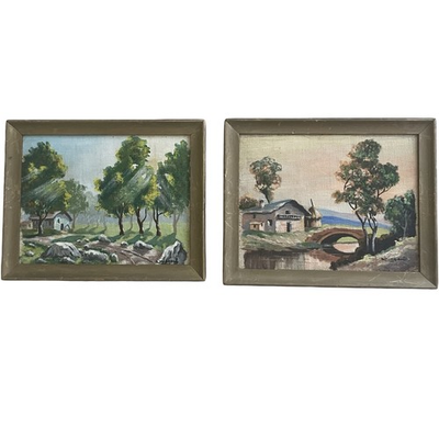 #ad Pair Vtg original Small oil painting Landscape Rural wood framed Signed Set Of 2 $75.65