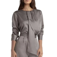 NWT Halston Blouse Top Taupe Gray Satin Women’s Size L Scarf/Bow Long Sleeves