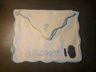 Vintage 100% Pure Linen 8 pc Luncheon Set A Progress Creation Blue Embroidered