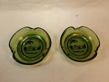 2 Vintage Spring Valley City Bank Illinois Green Glass Round Cigarette Ashtrays