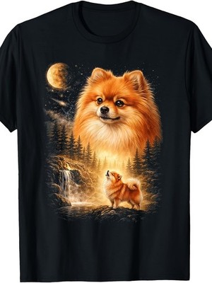Vintage Mystical Dog Art T-Shirt Featuring a Pomeranian Howling at The Moon
