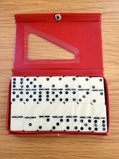 Vintage Double Six Dominoes Brass Spinners Complete 28 Set Vinyl Case Sealed