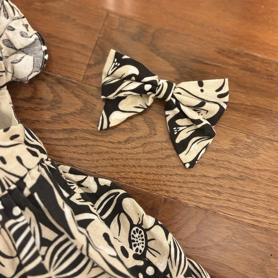 Vestido Tommy Bahama 2T Beige Y Negro Lino Con Clip de Pelo a Juego Lazo Vacaciones Foto 3 de 4