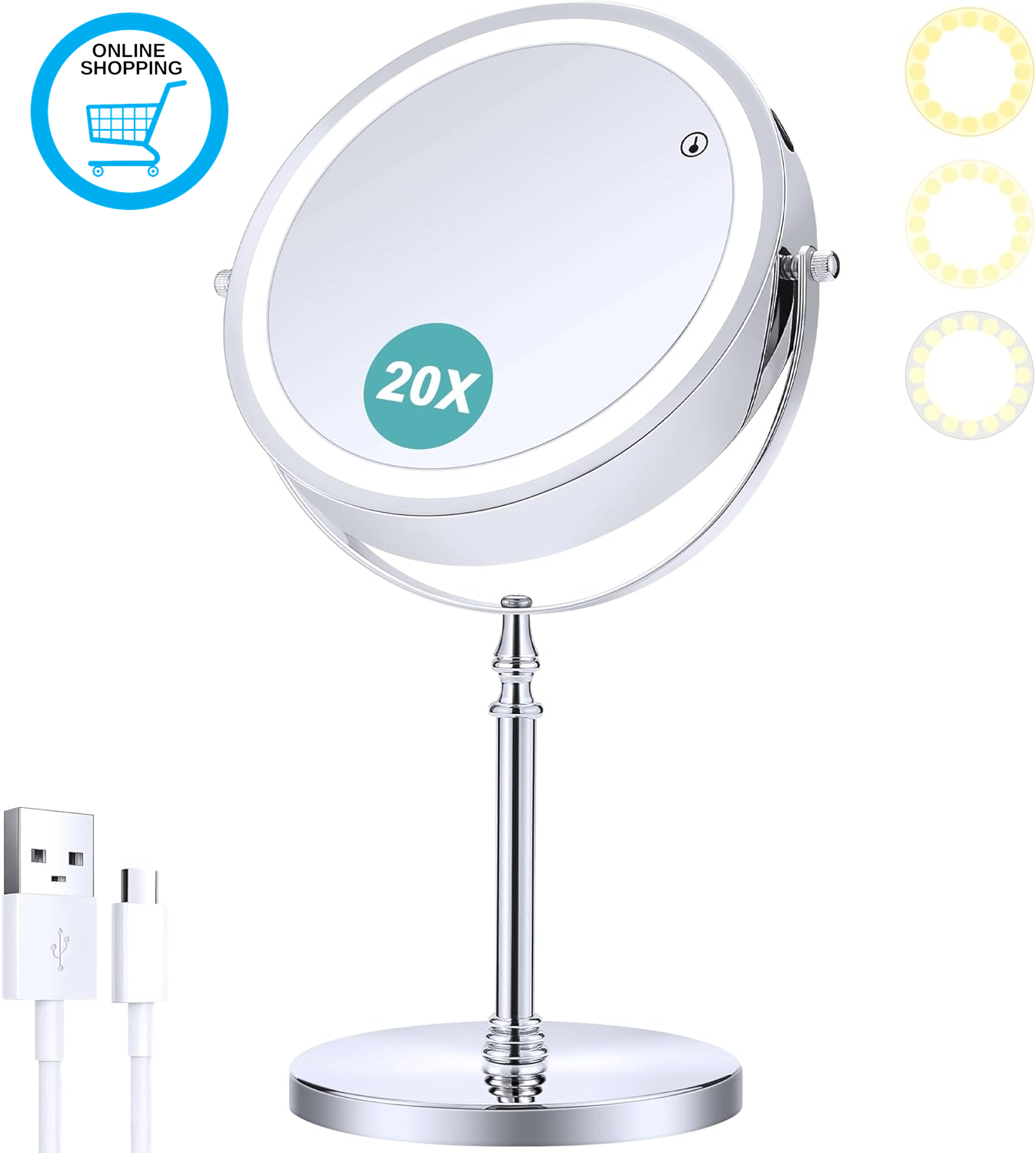 Magnifying Mirror with Light,8 Inch Rechargeable 1X/20X Double Sided Magnifying