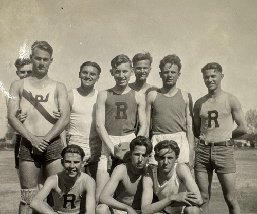 Vtg Photo Hot Young Track Stars Hugging From Behind Affectionate Bulge Gay
