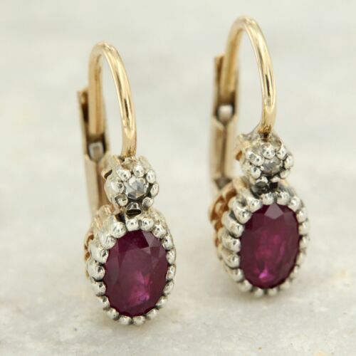 14k GOLD DIAMOND RUBY Sleepers Antique Style Earrings - Picture 1 of 7