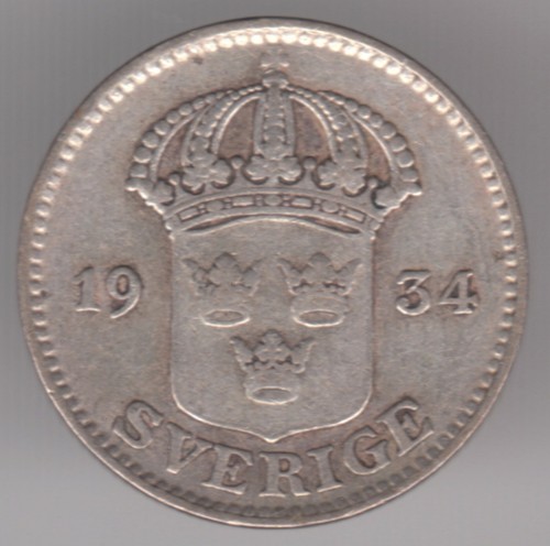Schweden 25 Öre 1934 G Silbermünze (0,600) - Gustaf V - gekrönt, 3 Kronenschild - Bild 2 von 2