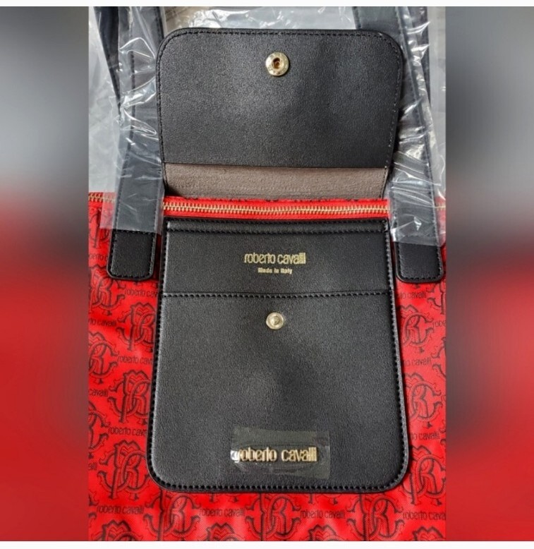Roberto Cavalli Nylon Red/Black Logo Pattern Folding Medium Shopper Tote Bag — image 6